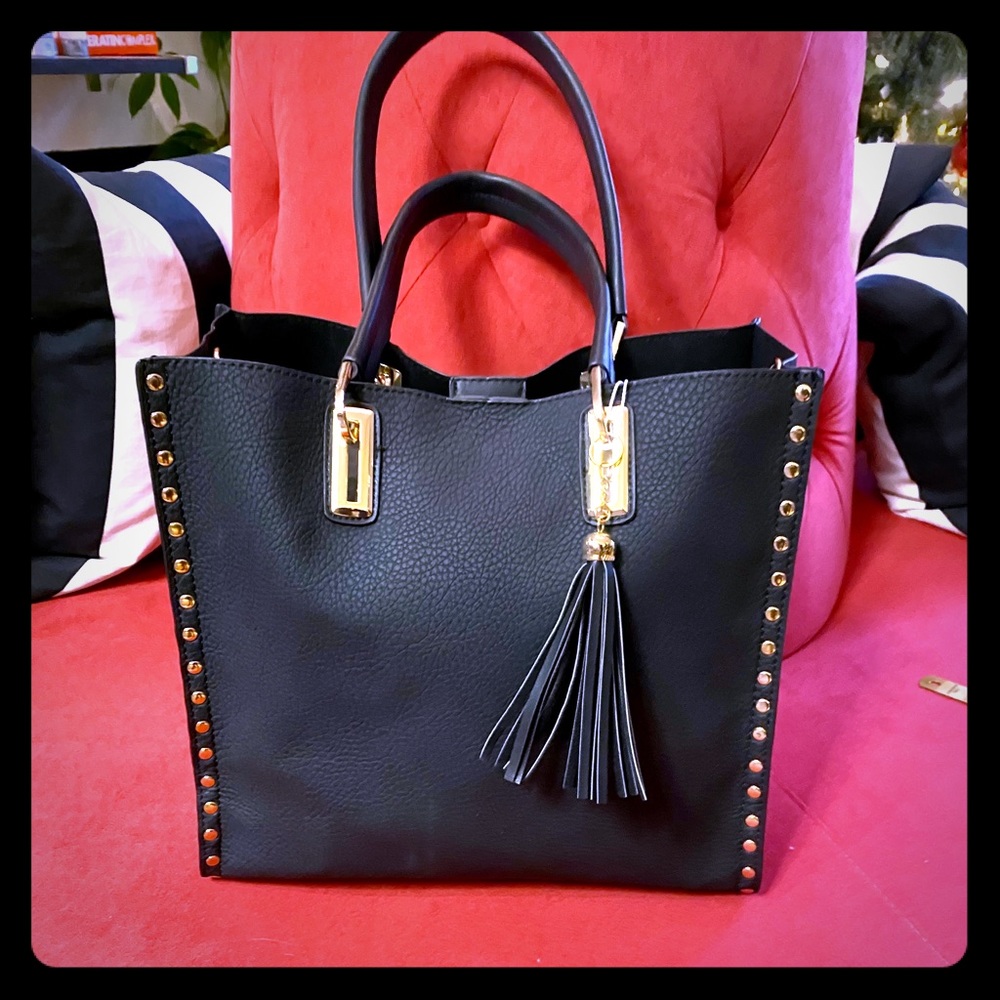 Black shopper tote with gold studs